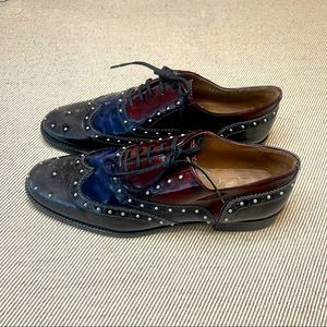 Women’s Pertini Italian Leather Studded Oxfords Navy & Burgundy NEW Size 38